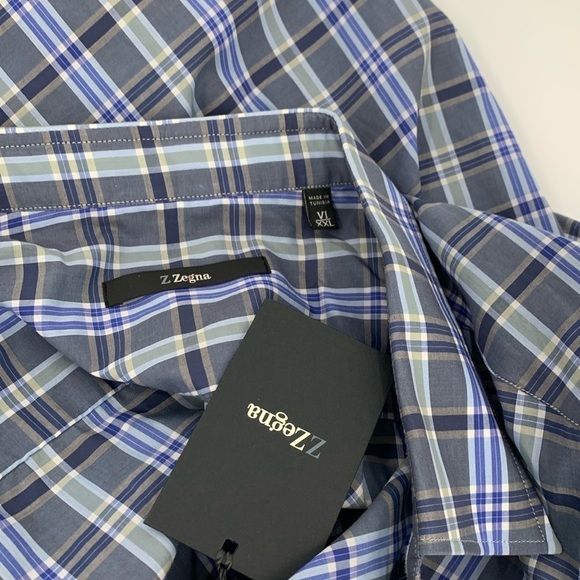 Z Zegna cotton button front plaid shirt long sleeve blue gray men new XXL 2XL - Picture 4 of 4